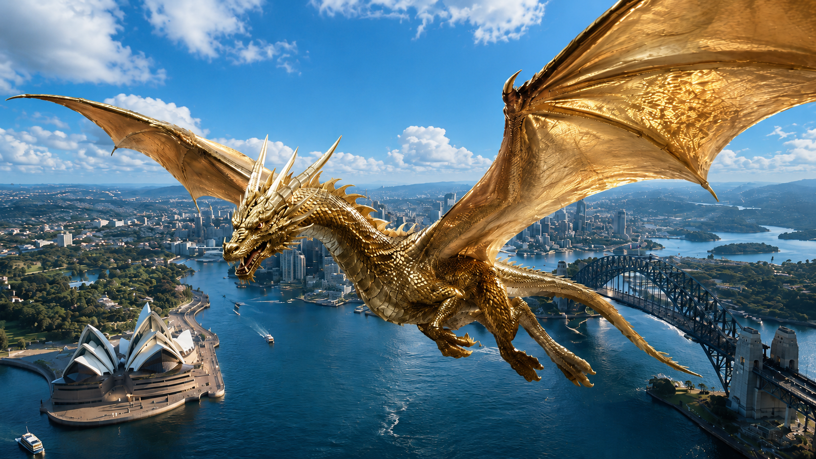 Gold Dragon soaring over a Sydney-like city — AI generated artwork by Michael Bentink 2026
